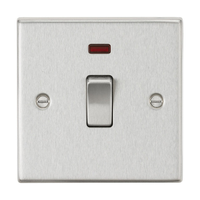 Introducing the 20A 1 Gang DP Switch Neon in Brushed Chrome with a Square Edge, ideal for managing water heaters. This switch features a convenient single toggle and includes a small red indicator light above it. The panel design incorporates two visible screws on each side for easy mounting.