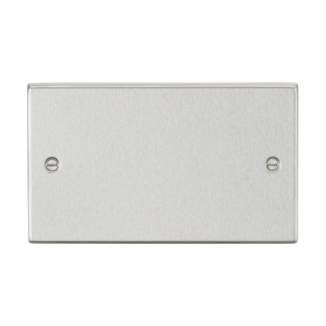 Introducing the 2 Gang Blanking Plate - Brushed Chrome (Square Edge), crafted from premium grade steel with a sleek brushed chrome finish. It boasts square edges and includes two visible screw holes for easy mounting, one on each side.