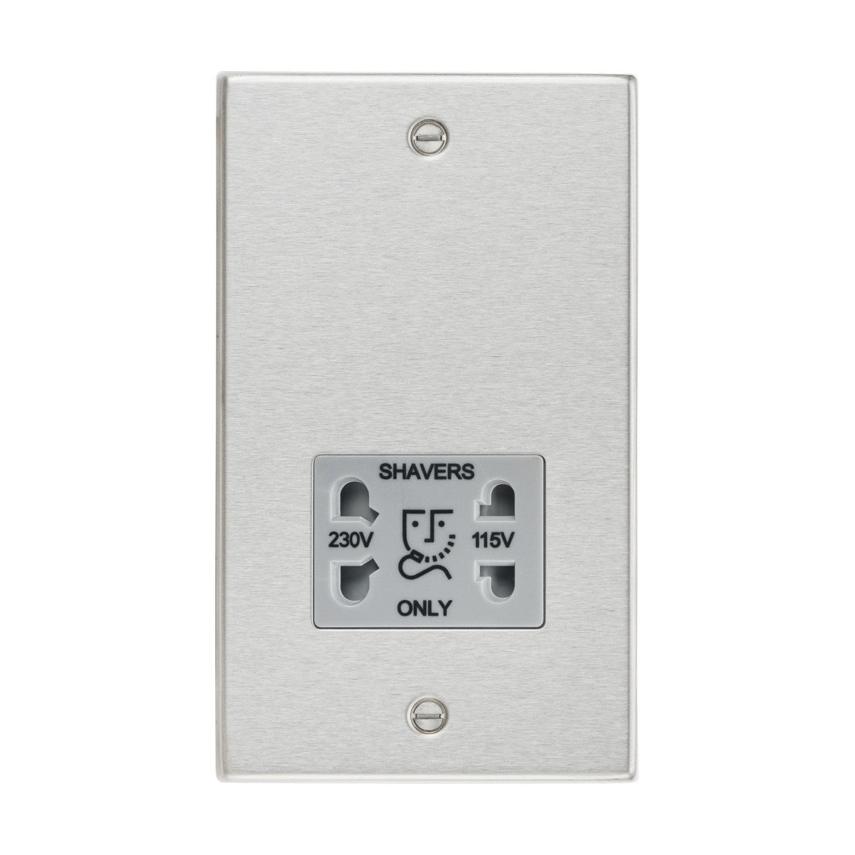 The 115/Dual Voltage Shaver Socket in brushed chrome features a square edge design with a grey insert. It offers dual voltage options of 230V and 115V, is marked with "SHAVERS ONLY" in bold black text, and includes a plug compatibility diagram.