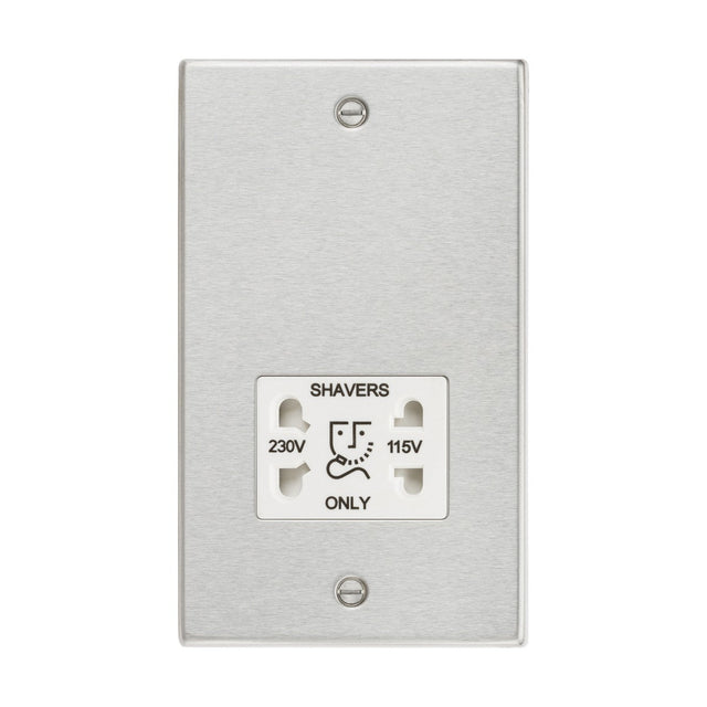 The 115/Dual Voltage Shaver Socket - Brushed Chrome (White Insert, Square Edge) features a square edge design with a brushed chrome finish and includes two plug inputs labeled for 230V and 115V. The panel is designated for "SHAVERS ONLY" and includes an icon indicating electric shaver use.