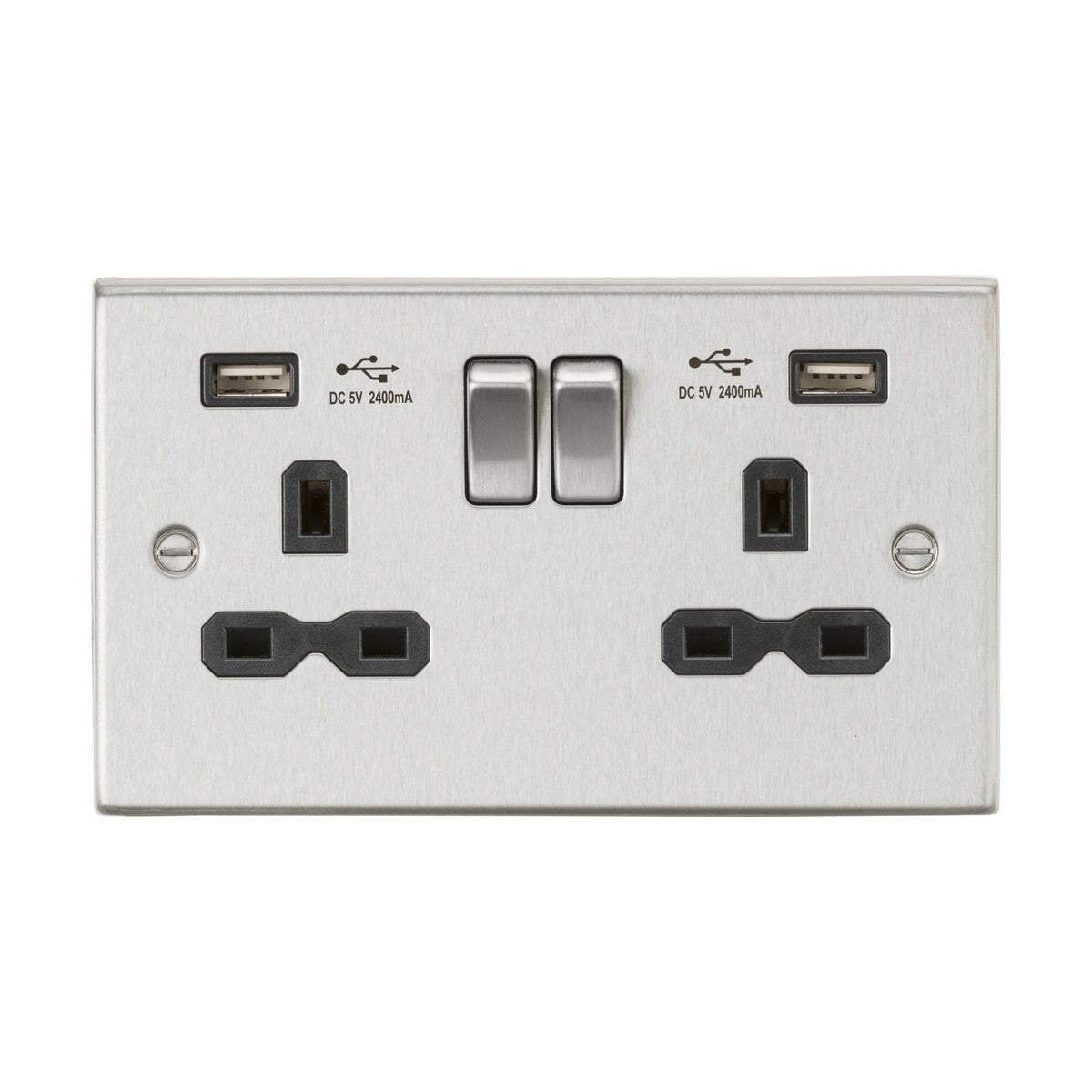 The 13A 2 Gang SP Switched Socket with Dual USB in Brushed Chrome features a decorative square edge design and includes two plug outlets alongside dual USB chargers. The metallic finish highlights two central switches, and each USB port is conveniently labeled with DC 5V 2400mA.