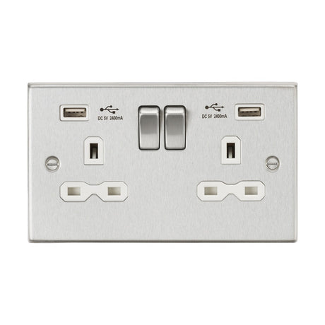 This decorative square edge charger socket features a brushed chrome double wall socket with two UK standard power outlets and dual USB chargers, each rated at 5V 2400mA. The panel includes two switches to control the sockets, along with a white insert for added style. This is the 13A 2 Gang SP Switched Socket With Dual USB.