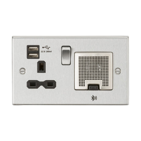 13A Socket Bluetooth Speaker and Dual USB A+A (5V DC 2.4A shared) - Brushed Chrome with Black Insert