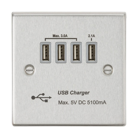 230V Quad USB-A Charger Outlet (5V DC 5.1A shared) - Brushed Chrome with Grey Insert