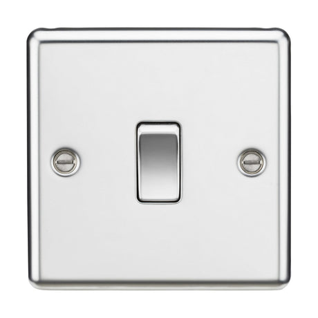 The 10AX 1 Gang Intermediate Switch in polished chrome is mounted on a rectangular plate with two visible screws, one on each side. The switch, perfectly centered on the rounded edge design, adds a touch of elegance.