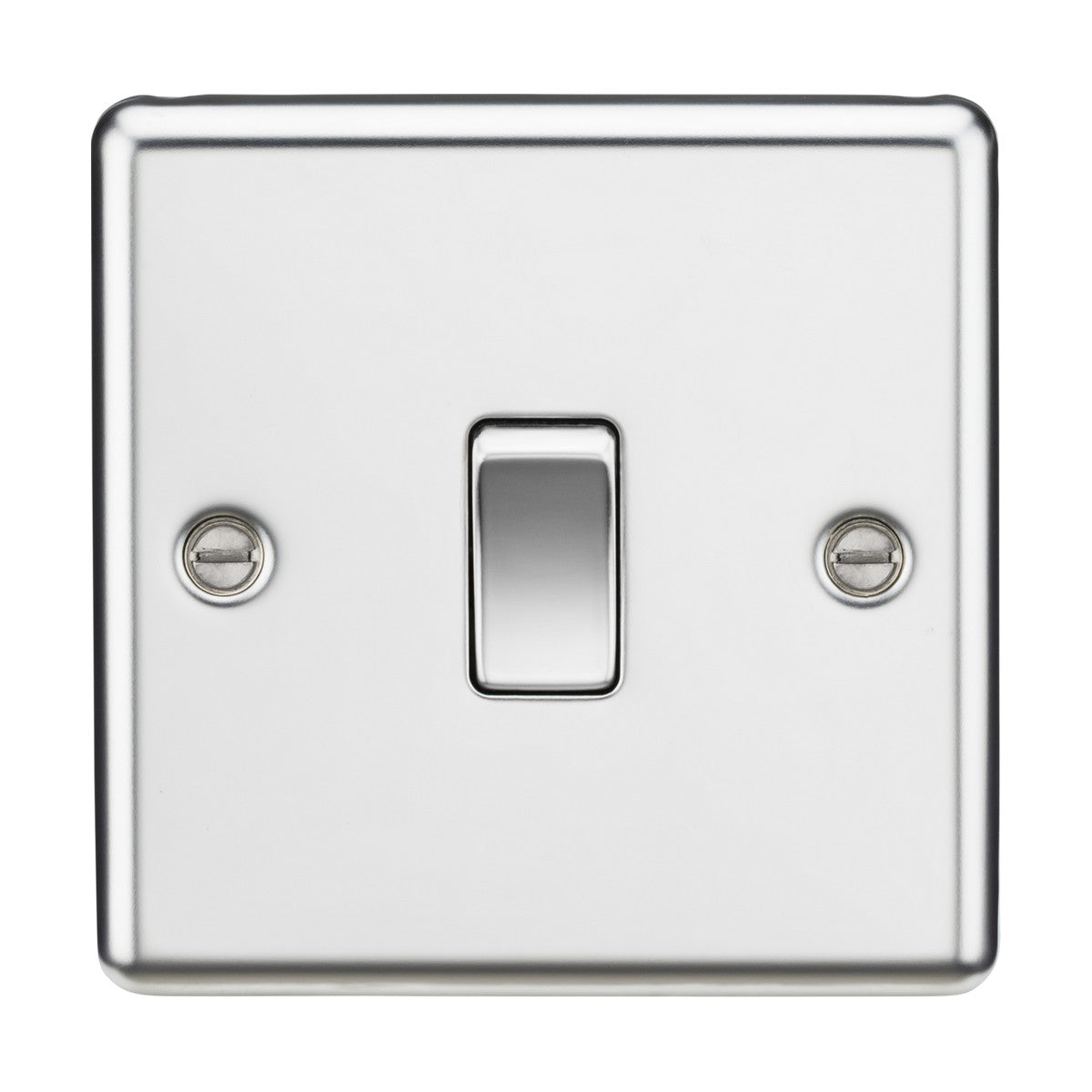 The 10AX 1 Gang 2-Way Switch boasts a distinguished polished chrome finish, featuring a single toggle centered on a white background. Its rounded edge design is elegantly secured with two visible screws, complementing its sleek metal aesthetic.