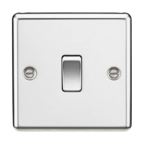 The 10AX 1 Gang 2-Way Switch boasts a distinguished polished chrome finish, featuring a single toggle centered on a white background. Its rounded edge design is elegantly secured with two visible screws, complementing its sleek metal aesthetic.