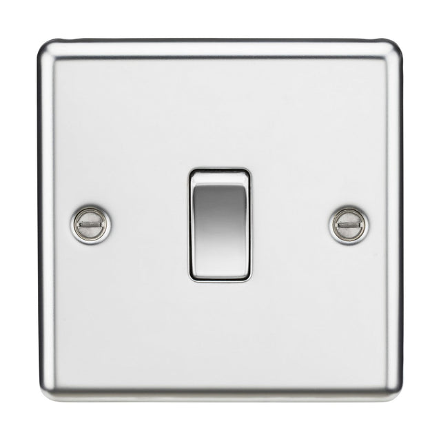 The 10AX 1 Gang 2-Way Switch boasts a distinguished polished chrome finish, featuring a single toggle centered on a white background. Its rounded edge design is elegantly secured with two visible screws, complementing its sleek metal aesthetic.