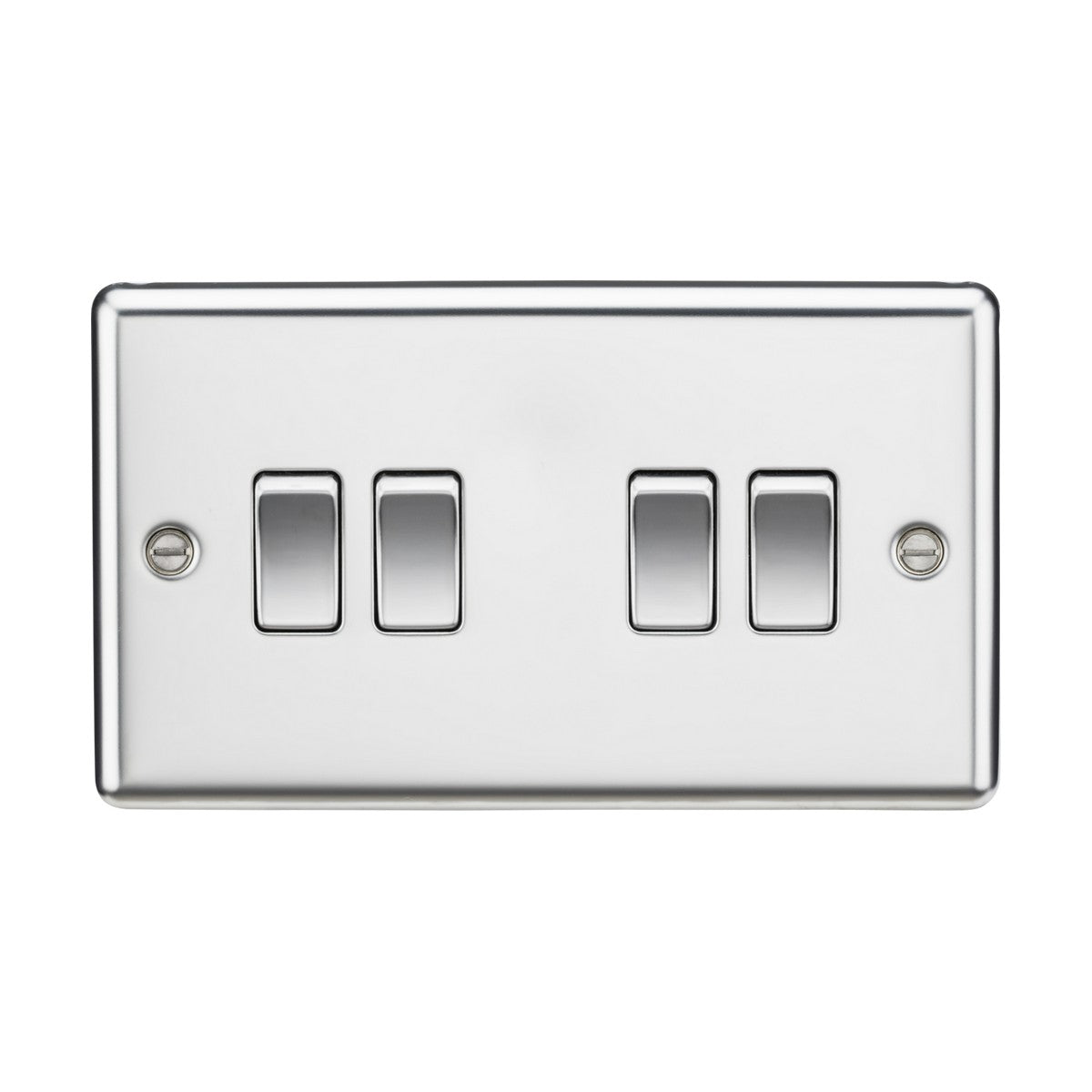 The 10AX 4 Gang 2-Way Switch in polished chrome boasts a sleek, rounded edge design. This modern switch panel features four switches and is securely mounted with two visible screws on each side.