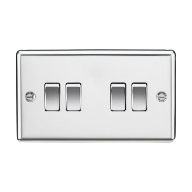 The 10AX 4 Gang 2-Way Switch in polished chrome boasts a sleek, rounded edge design. This modern switch panel features four switches and is securely mounted with two visible screws on each side.