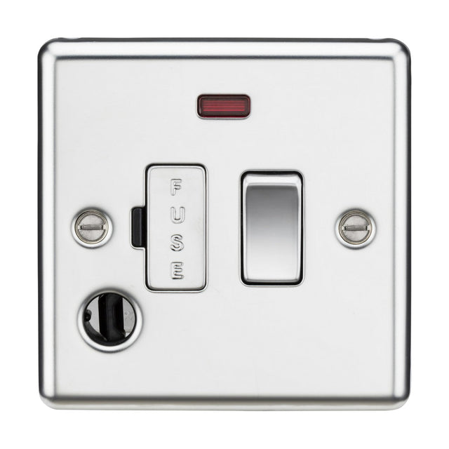 The 13A Switched Fused Spur Unit Neon & Flex Outlet in polished chrome (rounded edge) offers a rectangular rocker switch, indicator light, and double pole functionality for safety. It comes with two screws on each side.