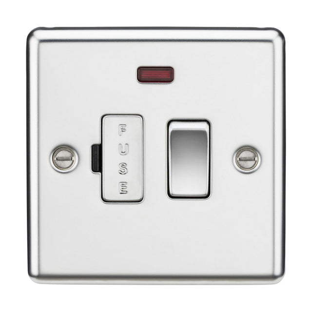 The 13A Switched Fused Spur Unit Neon, featuring a polished chrome finish and rounded edge design, includes a red indicator light and a labeled FUSE slot on a white background. It is currently in the off position and has two visible screws on either side.