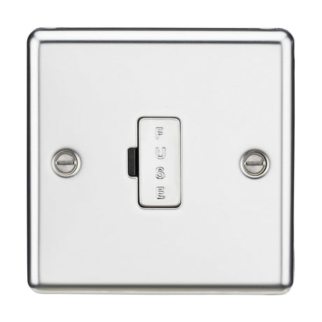 The 13A Fused Spur Unit in polished chrome boasts a central switch labeled "FUSE" in uppercase letters. Made from premium-grade steel, this unit features two visible screws on each side, presenting a simple yet functional design with rounded edges.