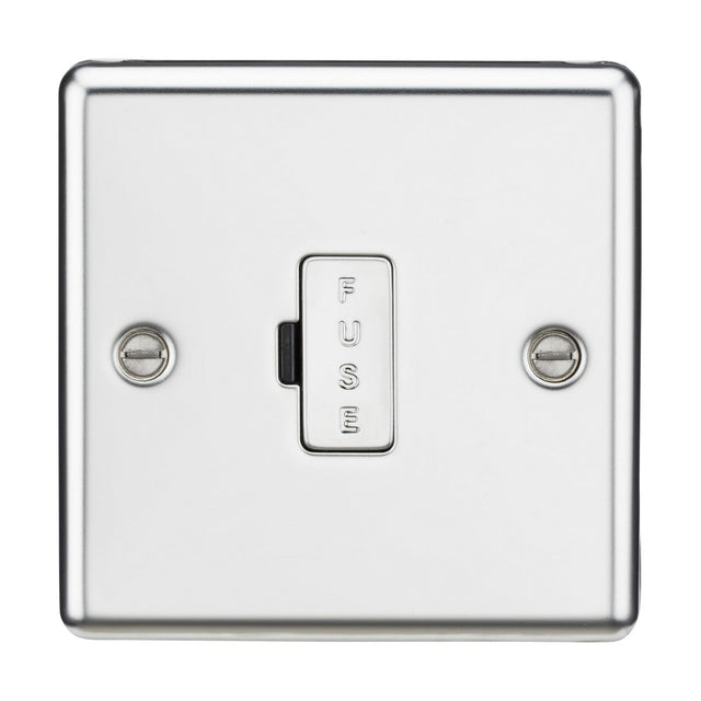 The 13A Fused Spur Unit in polished chrome boasts a central switch labeled "FUSE" in uppercase letters. Made from premium-grade steel, this unit features two visible screws on each side, presenting a simple yet functional design with rounded edges.