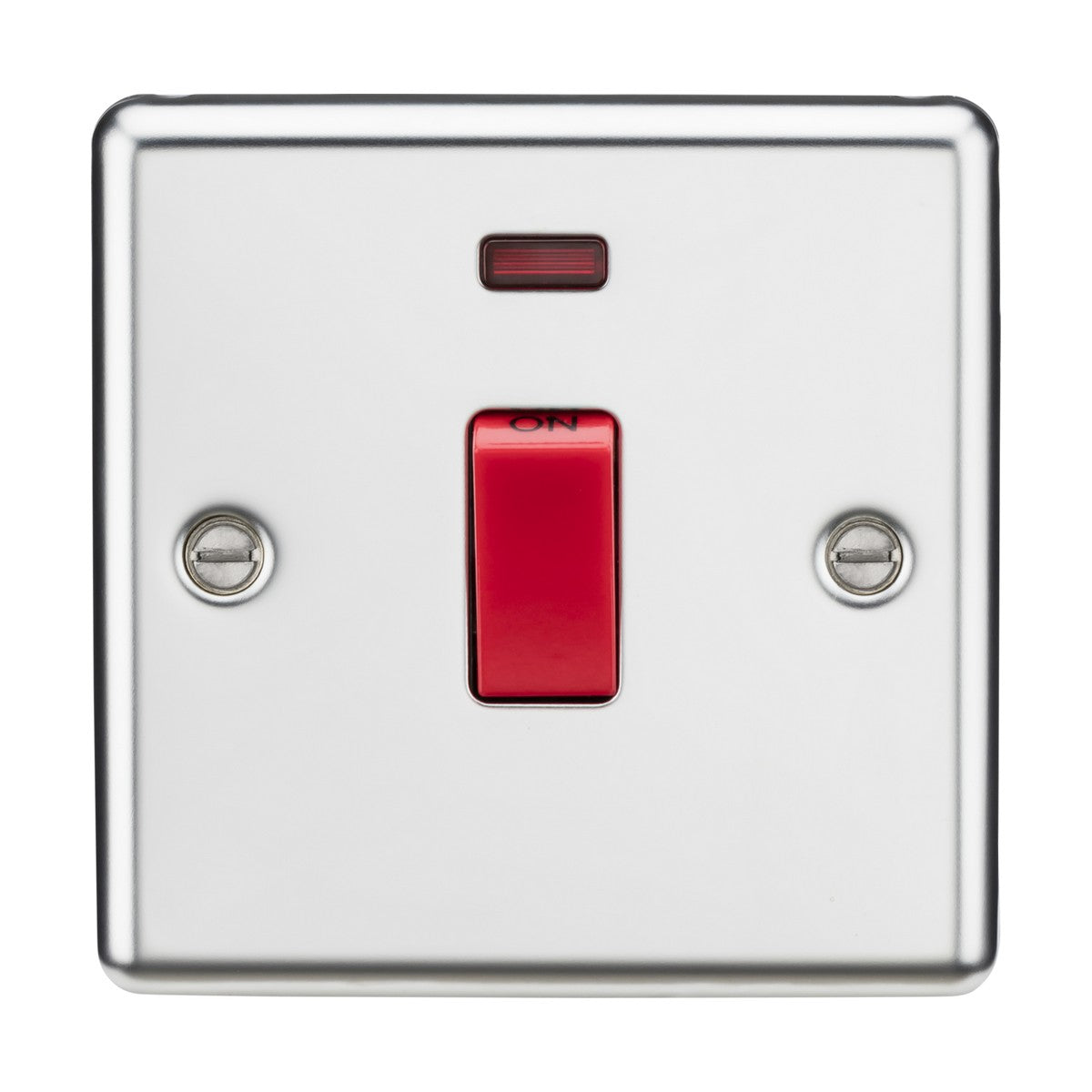 The 45A DP Switch Neon (1 Gang Size) in polished chrome with rounded edges features a red toggle at the center, labeled ON at the top. It is encased in a white frame secured by two screws and includes a small red indicator light above the toggle, resembling those on cooker control units.