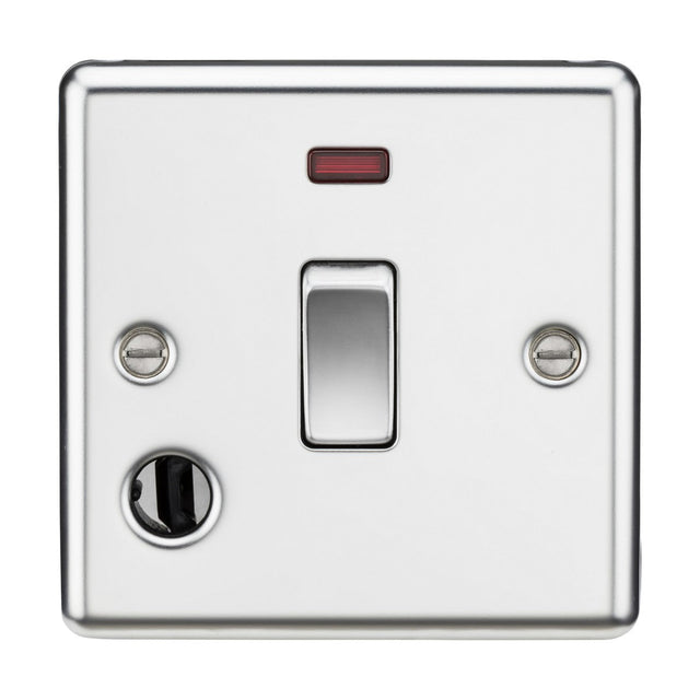 A 20A 1 Gang DP Switch with neon and a flex outlet is installed on the wall, featuring a polished chrome finish with rounded edges. The switch is centered, accompanied by two visible screws on either side.