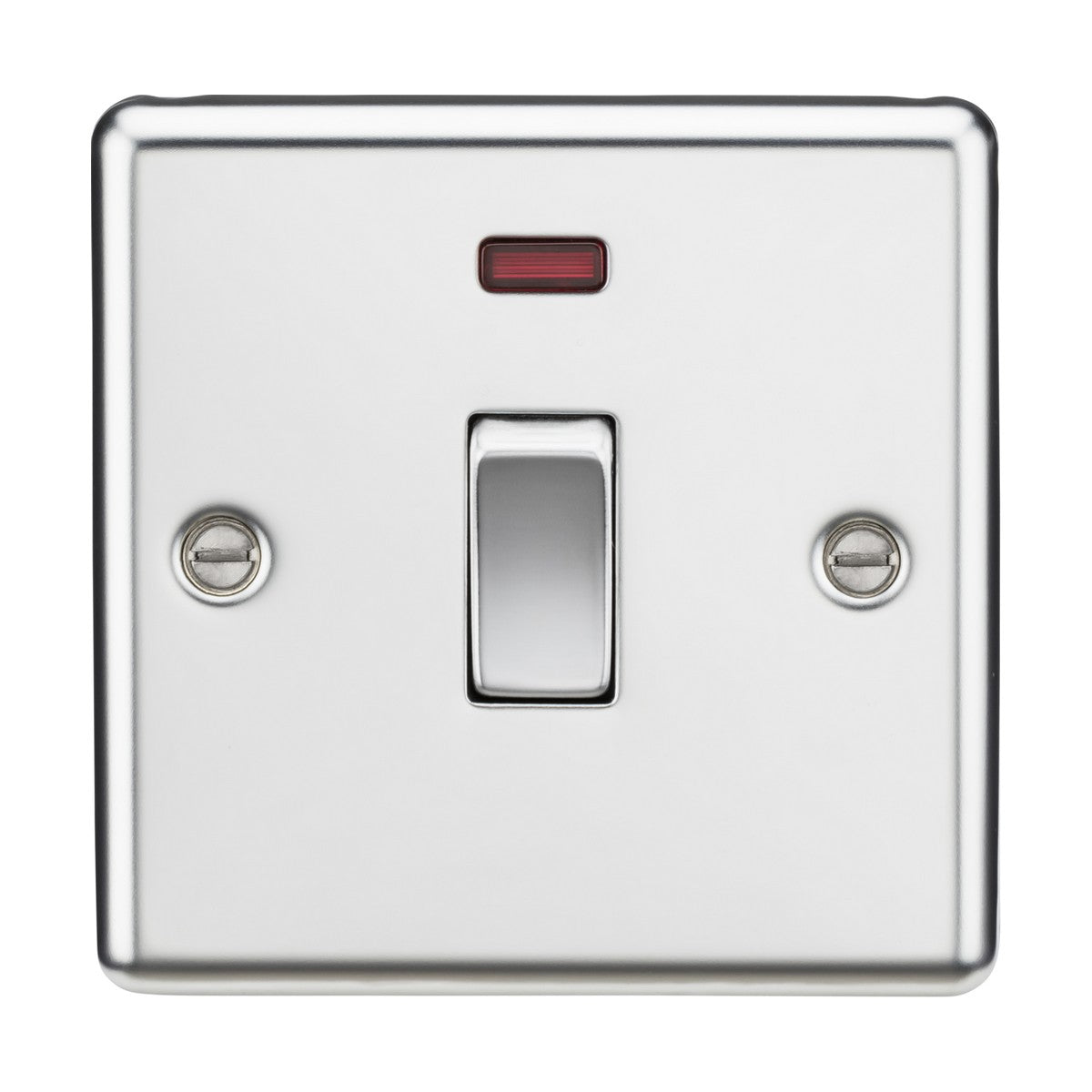 The image features a 20A 1 Gang DP Switch Neon with a polished chrome finish and rounded edges. The square light switch is centered, showcasing its single toggle design. It includes two screws on either side and a small red indicator light above the switch, resembling a sturdy metal rocker typically used for controlling double pole circuits in water heaters.