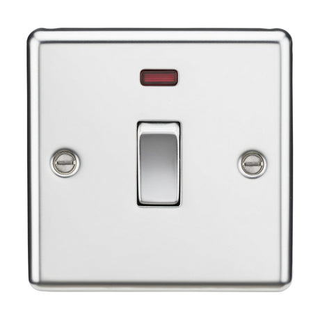 The image features a 20A 1 Gang DP Switch Neon with a polished chrome finish and rounded edges. The square light switch is centered, showcasing its single toggle design. It includes two screws on either side and a small red indicator light above the switch, resembling a sturdy metal rocker typically used for controlling double pole circuits in water heaters.