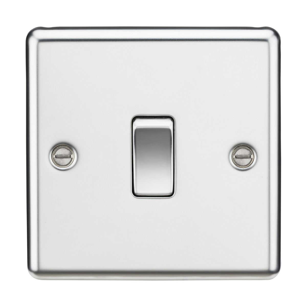 The 20A 1 Gang DP Switch in polished chrome, featuring a rounded edge design, takes center stage with its sleek metallic appearance. The glossy finish and centrally located switch, secured by two screws, enhance its elegance. Currently in the off position, it perfectly complements modern appliances such as water heaters.