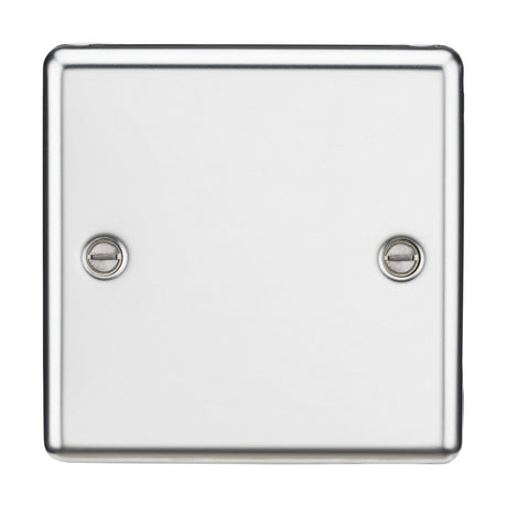 Introducing the 1 Gang Blanking Plate, designed with rounded edges and crafted from premium-grade steel. This plate boasts a polished chrome finish, providing a smooth and reflective surface. Its central design includes two visible screws, all set against a white background for enhanced durability and an elegant appearance.