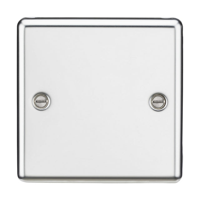 Introducing the 1 Gang Blanking Plate, designed with rounded edges and crafted from premium-grade steel. This plate boasts a polished chrome finish, providing a smooth and reflective surface. Its central design includes two visible screws, all set against a white background for enhanced durability and an elegant appearance.