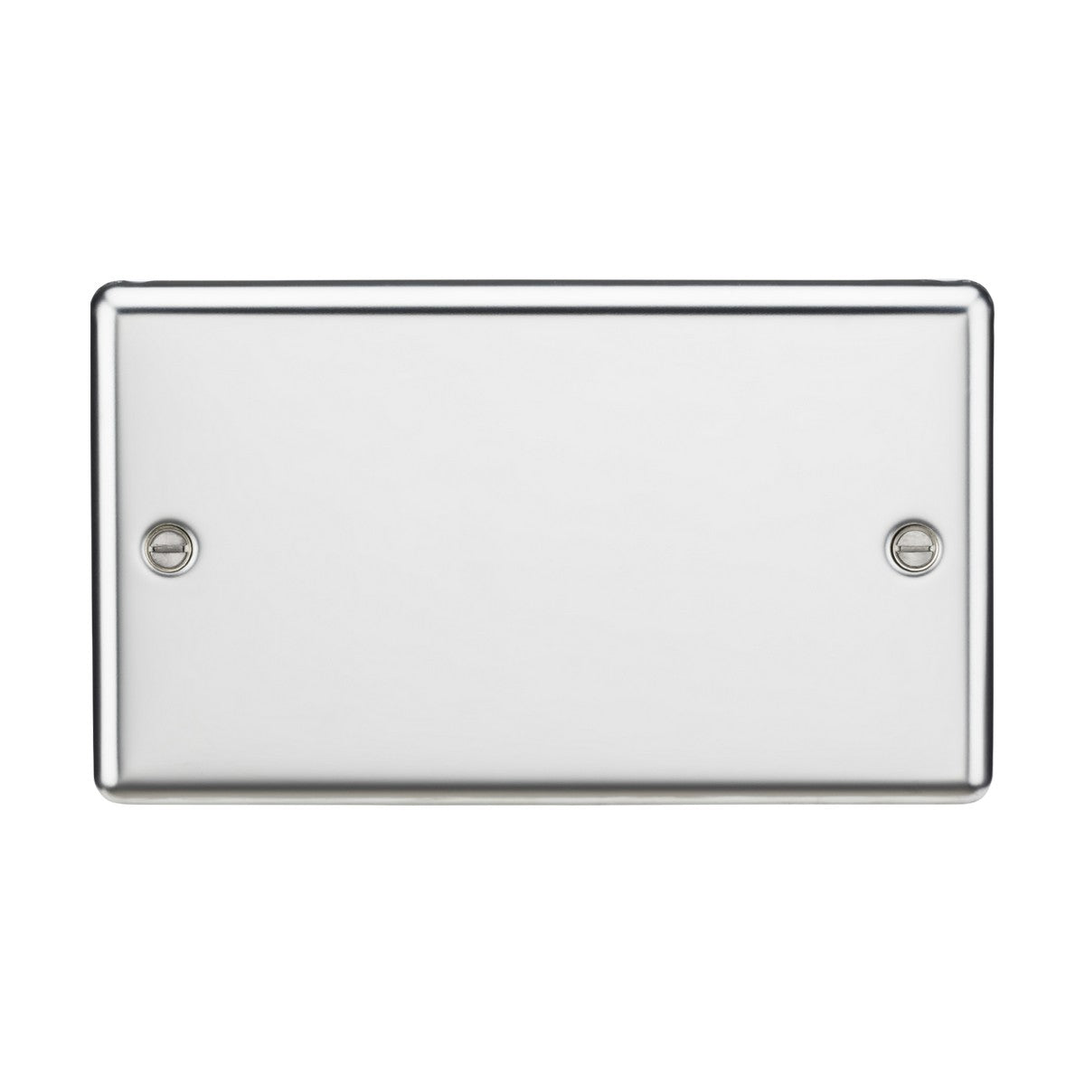 The 2 Gang Blanking Plate in polished chrome, designed with a premium grade steel rectangular surface and rounded edges, features two visible screws and adds a touch of elegance against the white background.