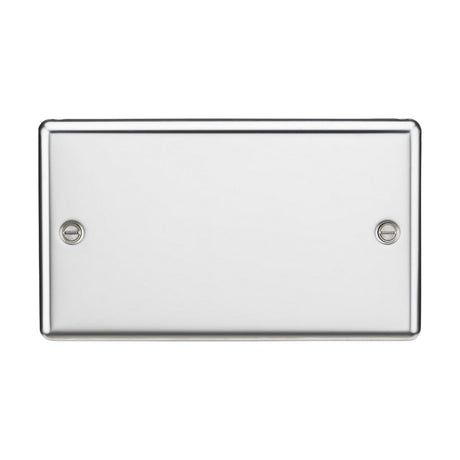 The 2 Gang Blanking Plate in polished chrome, designed with a premium grade steel rectangular surface and rounded edges, features two visible screws and adds a touch of elegance against the white background.