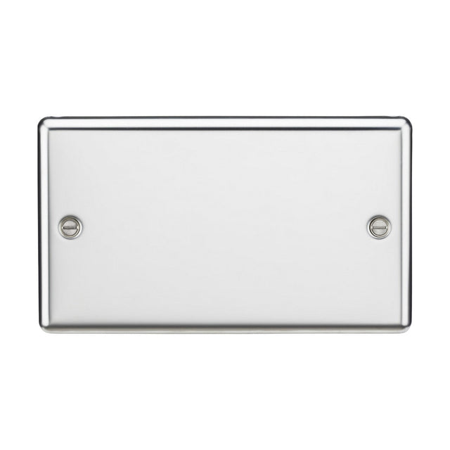 The 2 Gang Blanking Plate in polished chrome, designed with a premium grade steel rectangular surface and rounded edges, features two visible screws and adds a touch of elegance against the white background.