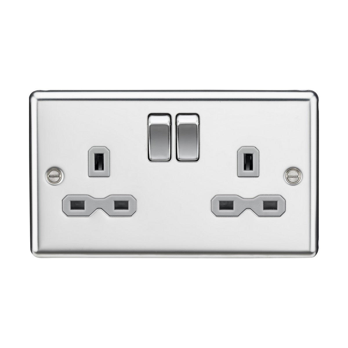 The 13A 2 Gang DP Switched Socket With Twin Earths, featuring a polished chrome finish with a grey insert and rounded edges, adds a decorative touch to any room.