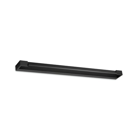 The product is the Lystra LED Wall Light 24W 3000K in black, measuring 90cm. This minimalist LED fixture has a long, rectangular shape with a modern design that perfectly complements contemporary interiors. Set against a plain white background, the unlit fixture elegantly highlights its sleek lines and adjustable diffuser features.