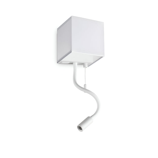 Introducing the Sparxis LED Wall Light 3W 3000K in White, featuring a modern design with a square base wall mount. This sleek light boasts a flexible arm that extends downward to hold a small cylindrical bulb holder. Ideal for contemporary interiors, it seamlessly combines style and functionality, offering the added convenience of an optional USB socket.