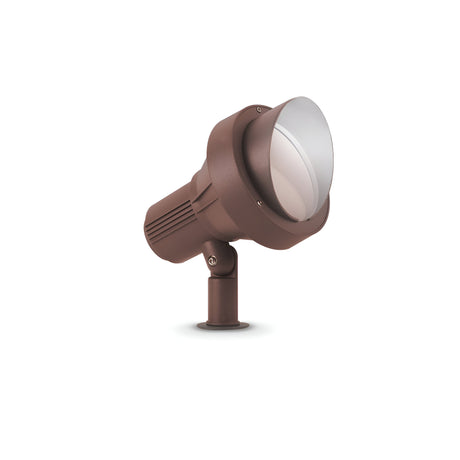 Introducing the Vespera Outside Large Single Spotlight in Brown, featuring a sleek cylindrical design and an adjustable lighting head mounted on a short post. Equipped with a large lens, it is ideal for illuminating landscapes or architectural features. With an IP65 rating, this spotlight guarantees dependable performance in all weather conditions.