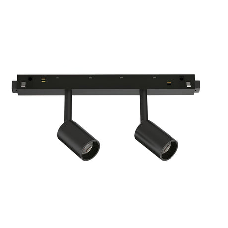 The Luxeon Dimmable LED Magnetic Twin Track Spotlight in black features two adjustable cylindrical lights on a rectangular base, providing a minimalist design tailored for modern interiors. With a 3000K light output and dimmable features from 1-10V, this 5W spotlight is ideal for creating a versatile ambiance.