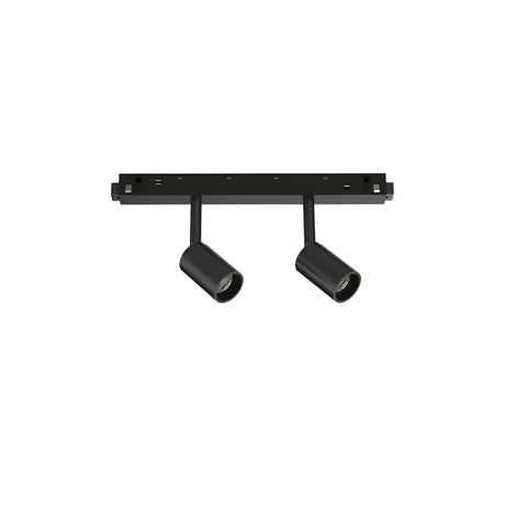 The Luxeon LED Magnetic Twin Track Spotlight 5W 4000K in black is a minimalist lighting fixture featuring two cylindrical LED spotlights on a rectangular base. These energy-efficient spotlights are angled slightly outward, providing directional lighting with a crisp 4000K brightness.