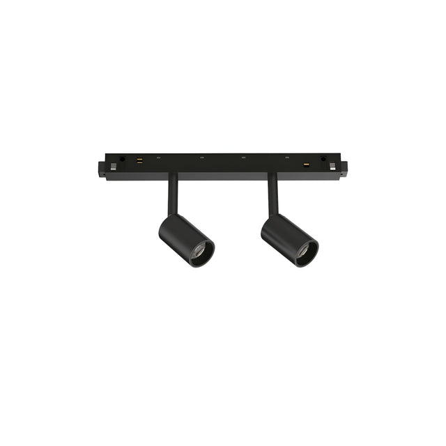 The Luxeon LED Magnetic Twin Track Spotlight 5W 4000K in black is a minimalist lighting fixture featuring two cylindrical LED spotlights on a rectangular base. These energy-efficient spotlights are angled slightly outward, providing directional lighting with a crisp 4000K brightness.