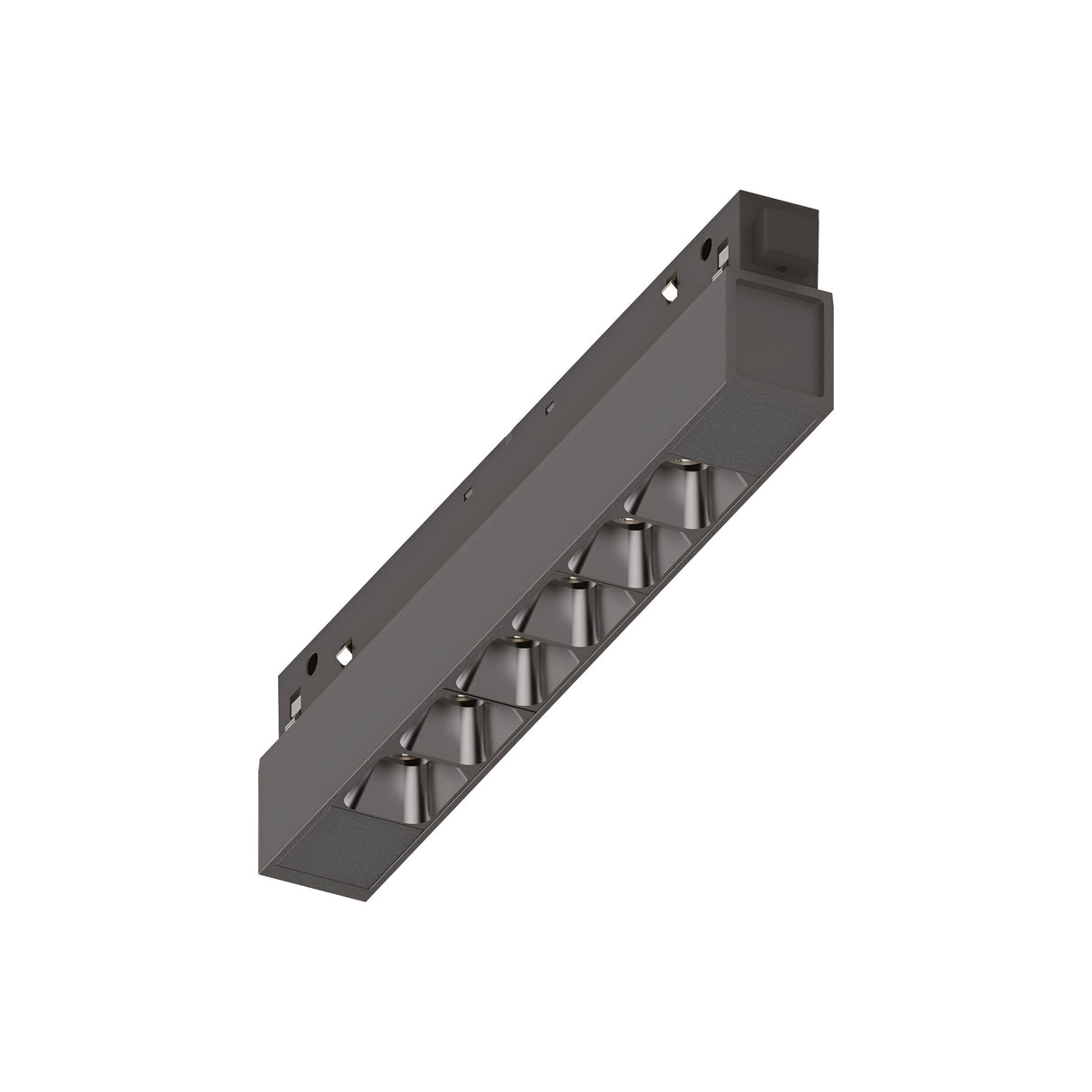 The Luxeon Dimmable LED Magnetic Linear Track Light 7W 4000K in black features a rectangular design with reflective square openings specifically crafted for its LEDs. Its minimalist, industrial aesthetic offers energy-efficient lighting ideal for modern interiors.
