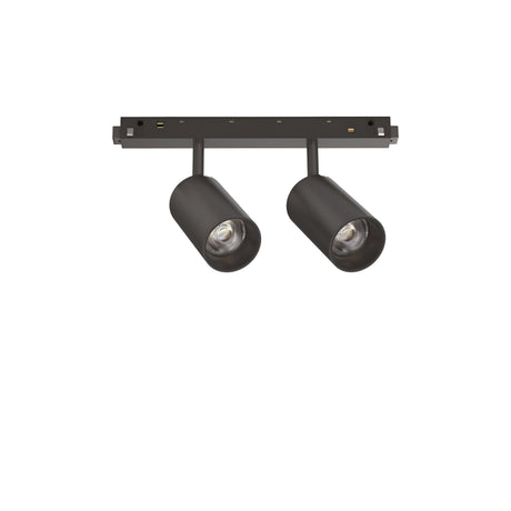 The Luxeon LED Magnetic Twin Track Spotlight 16W 4000K in black offers modern adjustable ceiling lighting with two cylindrical lights on a rectangular base, delivering crisp 4000K illumination against a plain white background.