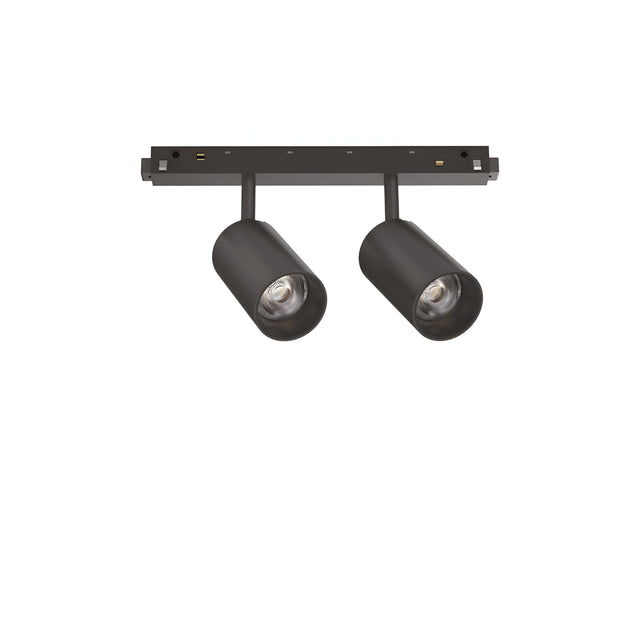 The Luxeon LED Magnetic Twin Track Spotlight 16W 4000K in black offers modern adjustable ceiling lighting with two cylindrical lights on a rectangular base, delivering crisp 4000K illumination against a plain white background.