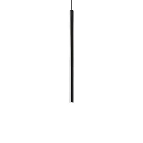 The Luxora Dimmable LED Round Light Pendant, featuring a sleek black cylindrical design and modern energy-efficient lighting with 12W LED technology, elegantly hangs from a thin black cord against a plain white background.