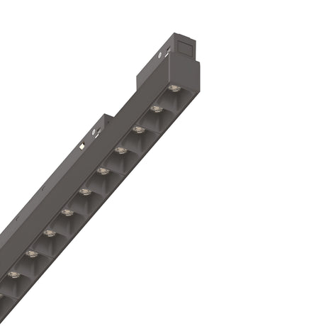 Close-up of the Luxeon Dimmable LED Magnetic Linear Track Light in black, featuring a sleek and modern design with evenly spaced bulbs. This 13W fixture provides efficient illumination with a dimmable 4000K neutral white glow.