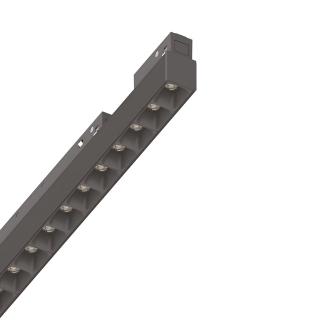 Close-up of the Luxeon Dimmable LED Magnetic Linear Track Light in black, featuring a sleek and modern design with evenly spaced bulbs. This 13W fixture provides efficient illumination with a dimmable 4000K neutral white glow.