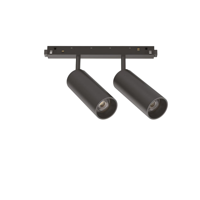 Introducing the Luxeon LED Magnetic Twin Track Spotlight 24W 4000K in Black, this contemporary lighting fixture is mounted on a rectangular base and features two adjustable spotlights directed downward. It provides modern interior lighting with optimal brightness and energy efficiency, thanks to its 4000K LED output.
