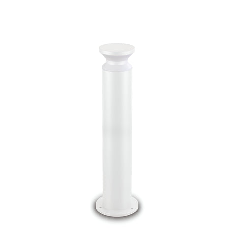 The Radiantix Outdoor Bollard Light - White, 80cm, boasts a tall, cylindrical design with a powder-coated white finish and includes a round base and flat top. Its sleek, minimalist appearance makes it ideal as an outdoor bollard against a plain white background.