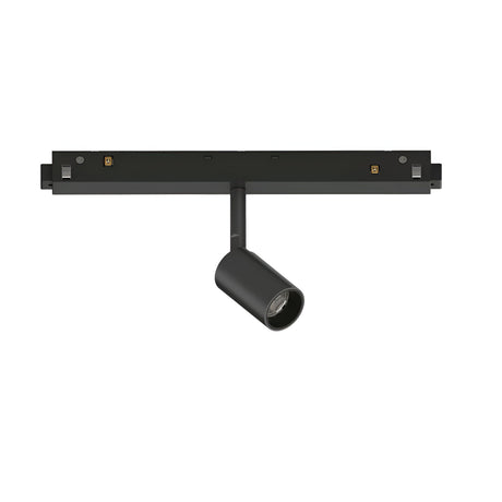 The Luxeon Dimmable LED Magnetic Track Spotlight 12W 3000K 1-10V in black is a minimalist lighting fixture featuring a single cylindrical spotlight. It provides a dimmable, warm 3000K glow and is mounted on a straight track, making it ideal for modern interior designs.