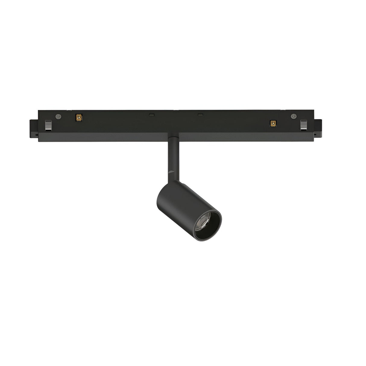 The Luxeon Dimmable LED Magnetic Track Spotlight 3W 4000K in black features a sleek, cylindrical design attached to a straight track. Its minimalist and modern look improves energy efficiency and caters to various lighting needs. This spotlight is adjustable along the track for enhanced versatility.