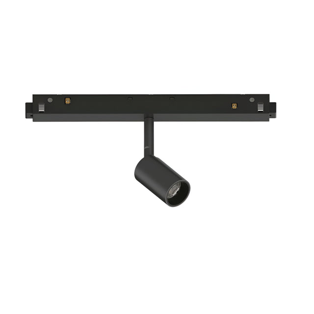 The Luxeon Dimmable LED Magnetic Track Spotlight 3W 4000K in black features a sleek, cylindrical design attached to a straight track. Its minimalist and modern look improves energy efficiency and caters to various lighting needs. This spotlight is adjustable along the track for enhanced versatility.