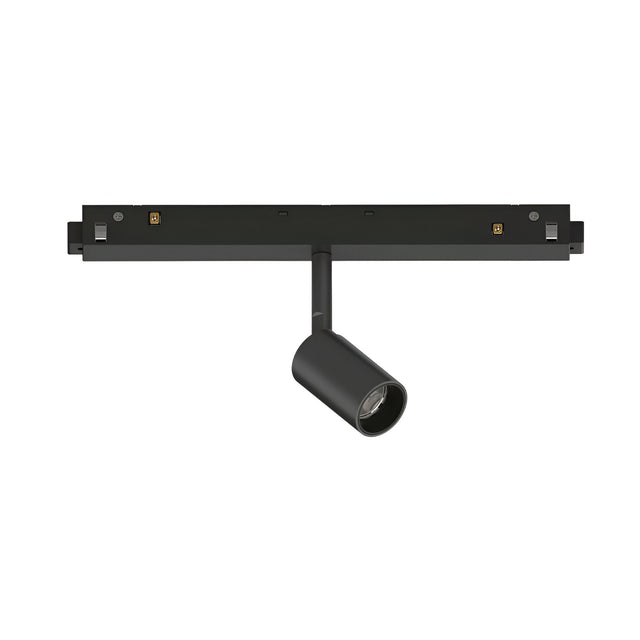 The Luxeon Dimmable LED Magnetic Track Spotlight 3W 3000K in black is a sleek fixture with a cylindrical spotlight extending downward from a horizontal bar, offering modern design ideal for stylish interior lighting.