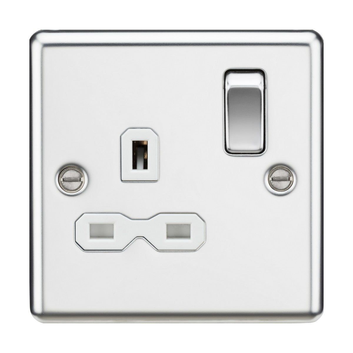 A 13A 1-gang DP switched socket with a white insert, featuring two plug sockets and a single switch, is adorned with a polished chrome plate and rounded edges for an elegant appearance. The glossy finish and two visible screws contribute to its sophisticated look.