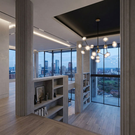 Modern apartment with open shelves, wooden floors, and neutral decor. The Galaxy 16 Light Chandelier - Black & White makes a statement, while large windows frame city views for a sleek, contemporary feel.