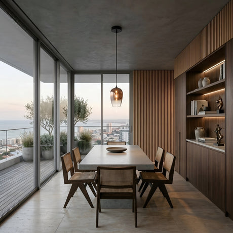 A modern dining room features a rectangular table, six wooden chairs, floor-to-ceiling windows with city and ocean views, potted balcony plants, wood-paneled walls with shelves, and a Slice Glass Pendant Light in copper above the table.